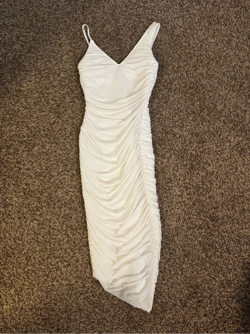 One‑Shoulder White Ruched Midi Dress